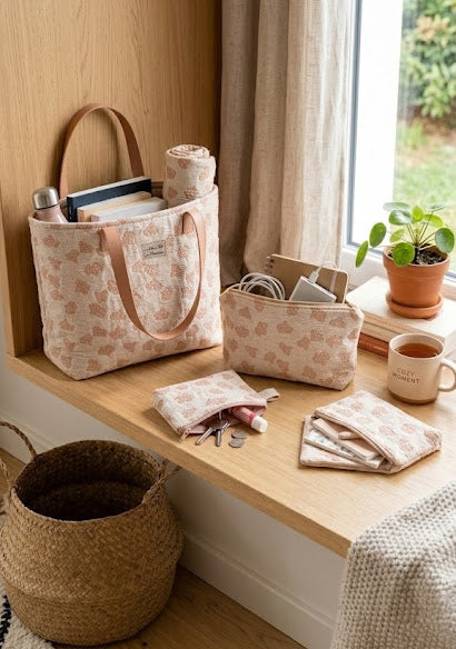 Cabas et pochettes assorties cousus main par Mon Fil à Passion posé sur un meuble en bois et blanc. Dans une ambiance cocooning café chaud, plaid douillet, panière en osier et plante. 