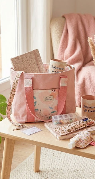 Cabas avec tour de cou porte badge pochette à crayon et étuis de rangement solution hydroalcoolique posé sur une table prete a partir à l'hopital avec des accessoires cousus main, pratique élégants et apportant douceur