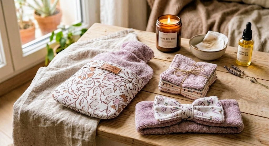 Accessoires bien-être bouillotte sèche, bandeau de soin visage et lingettes démaquillantes dans une ambiance cocooning spa à la maison