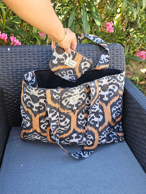 Cabas XL matelassé en coton épais & sa mini pochette / porte-monnaie assorti – Pièce unique