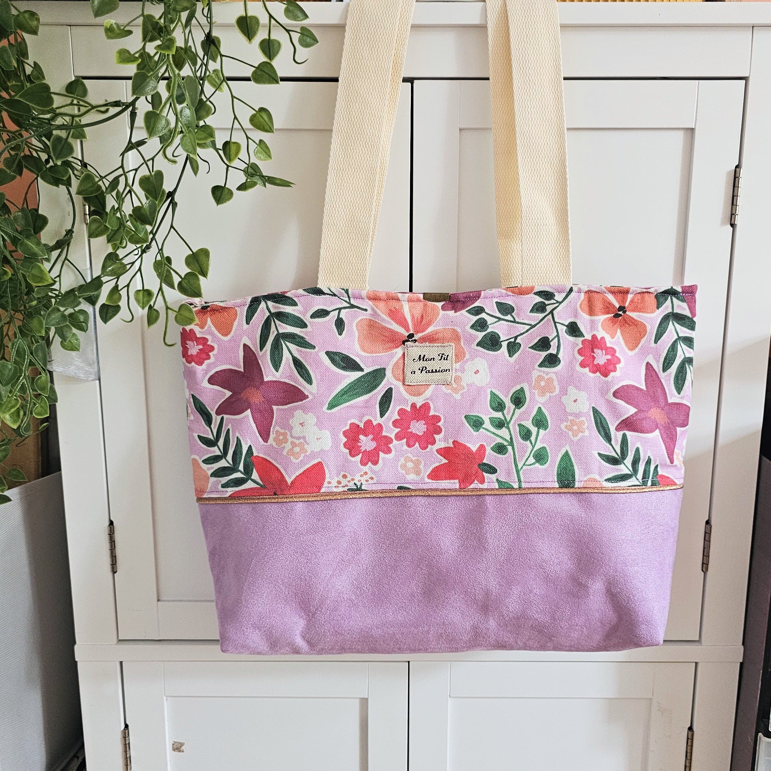 Sac cabas fait main en suédine lilas