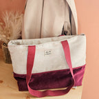 Sac cabas fait main en velours bordeaux avec coton imprimé marguerites