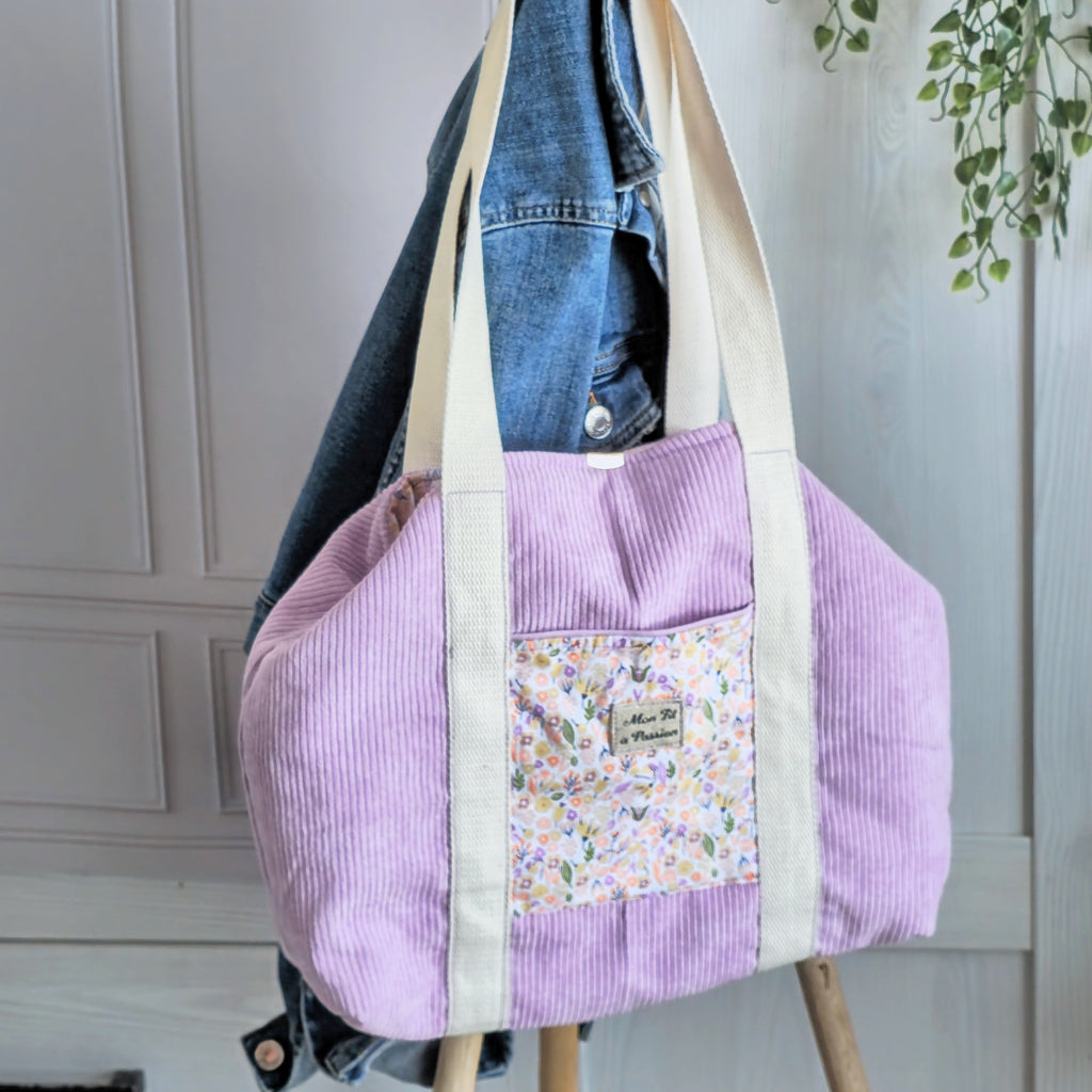 Sac cabas en velours lilas et coton liberty
