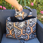 Grand sac cabas XXL fait main en coton Ethnik noir et rouille avec porte-monnaie assorti
