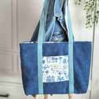 Sac cabas fait main en velours bleu canard avec porte-monnaie assorti et imprimé méditerranéen