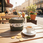 Petite pochette en velours kaki et motif feuille posé sur la table d'un café en terrasse avec de la monnaie et une tasse de café 