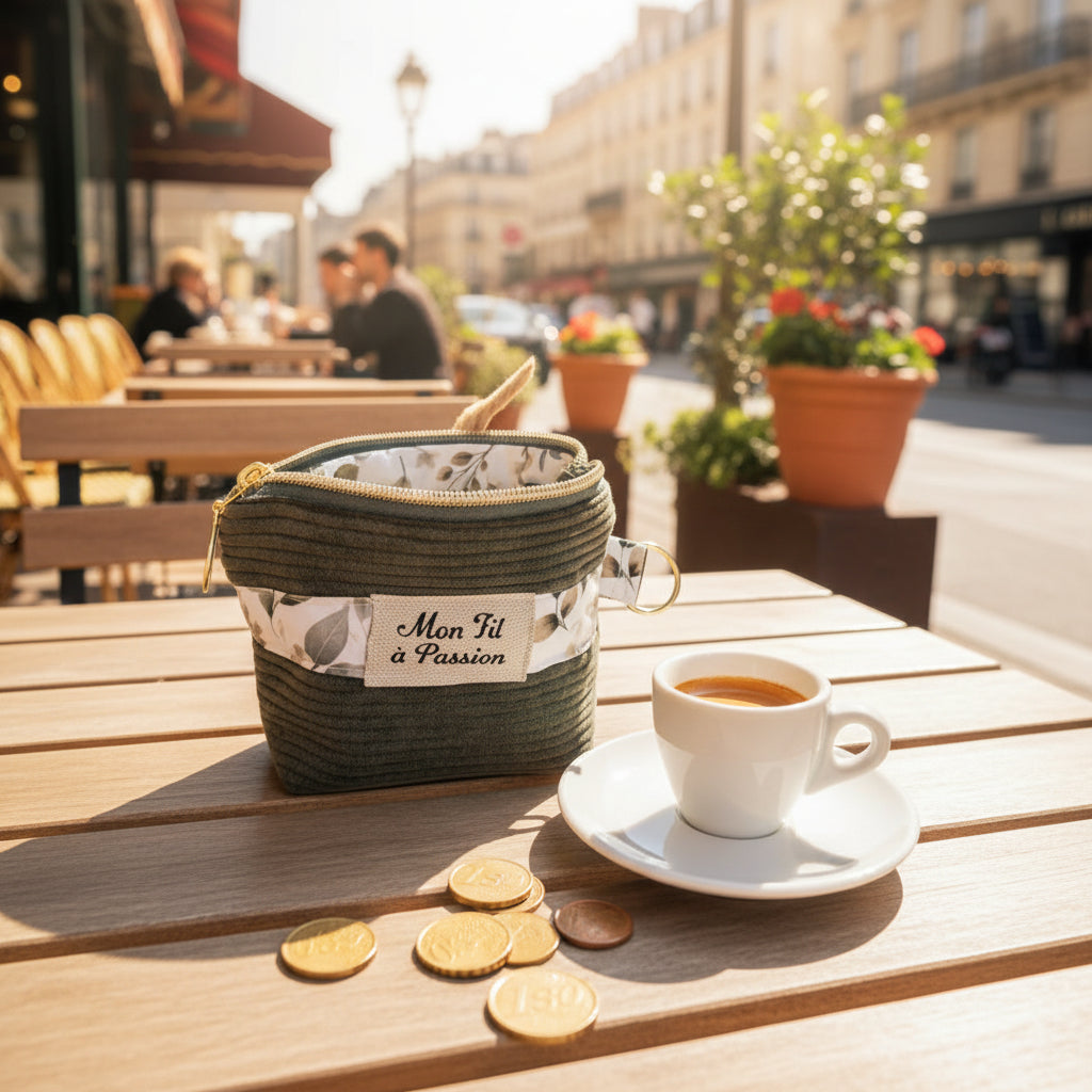 Petite pochette en velours kaki et motif feuille posé sur la table d'un café en terrasse avec de la monnaie et une tasse de café 