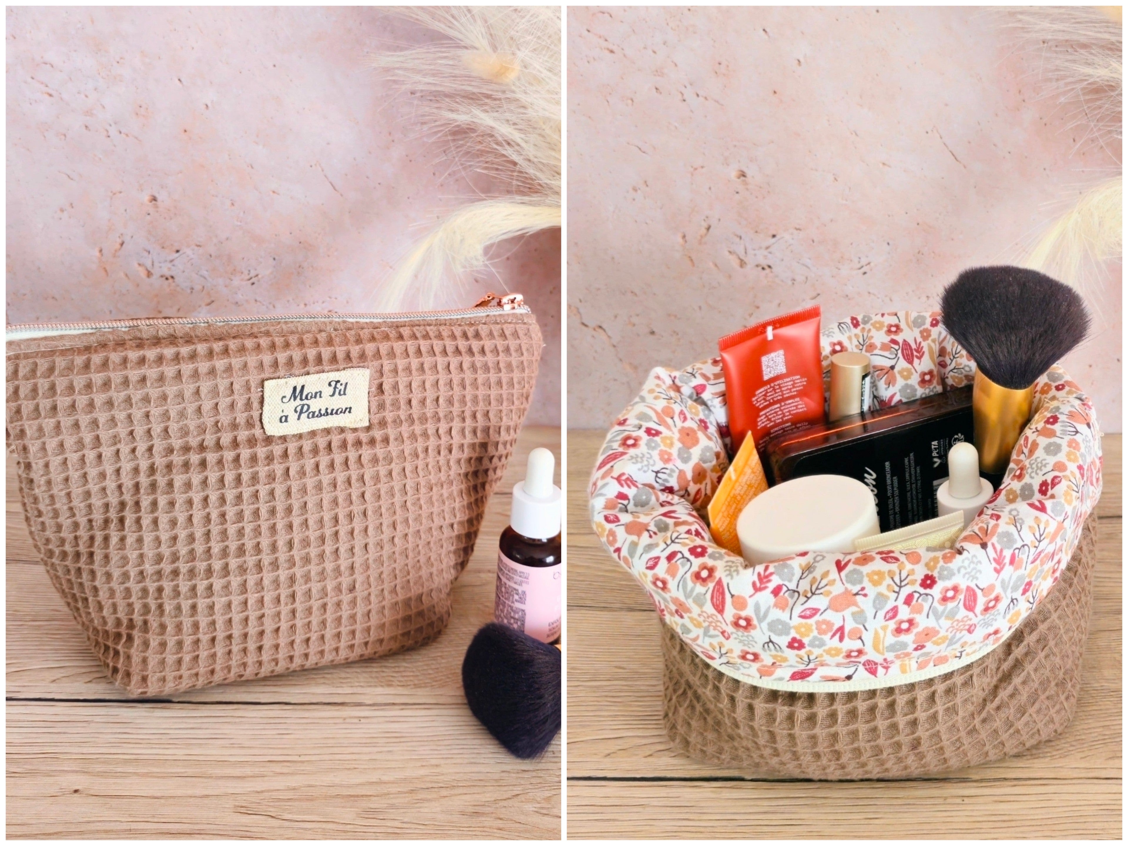Pochette trousse de toilette 2-en-1 en tissu cousue main, transformée en panière de rangement
