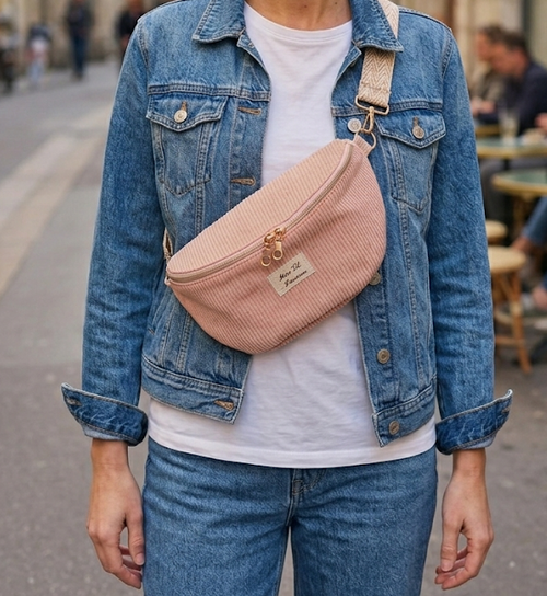 Femme portant un sac banane en velours beige et rose avec une tenue decontractée veste en jean, jean et tee shirt blanc elle se balade en ville les mains libre 