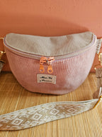 Sac banane femme artisanal en velours beige et rose intérieur en coton création Mon Fil à Passion