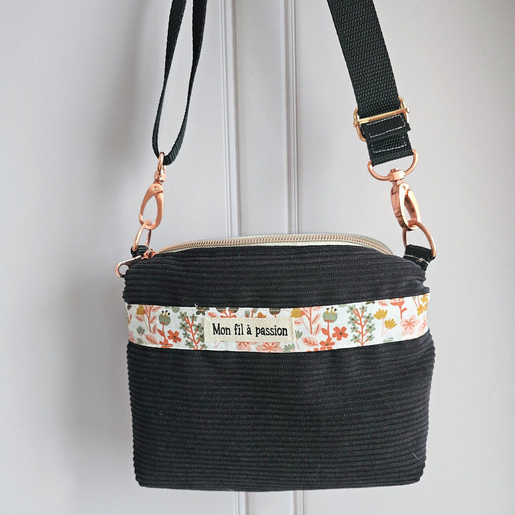 Sac bandoulière pour TENS velours noir et coton fleuris champêtre 