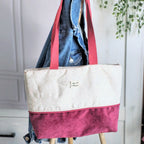 Sac cabas fait main en velours bordeau et coton aux motifs marguerite 