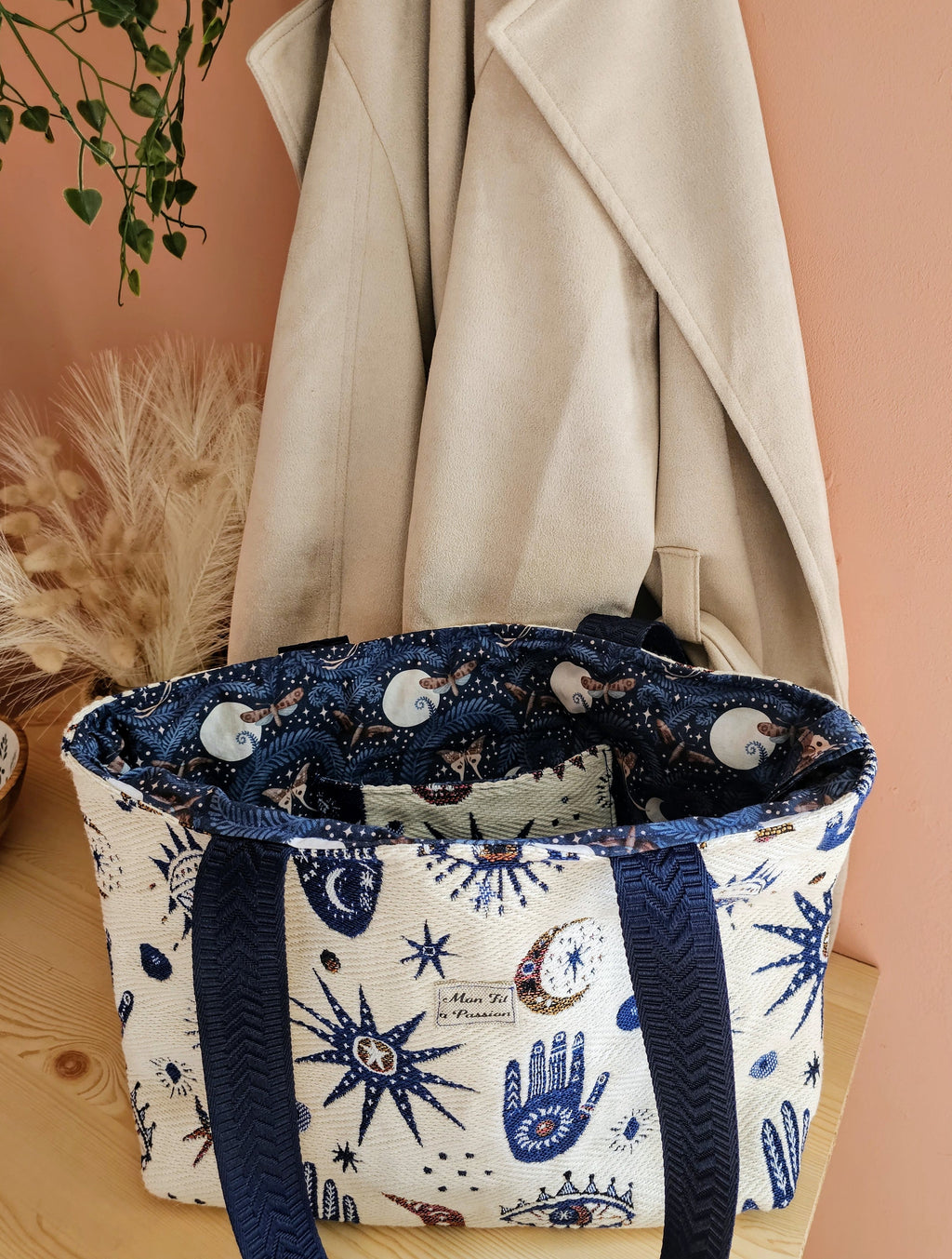 Cabas femme fait main grand format – pratique & organisé avec mousqueton – Mon Fil à Passion
