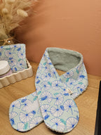 Bandeau de soin du visage en éponge de bambou vert d'eau et coton oeko tex aux motifs nénuphars bleu canard et vert d'eau. Le bandeau se fixe à l'aide d'un scratch/velcro. Accessoire pour routine beauté fait main