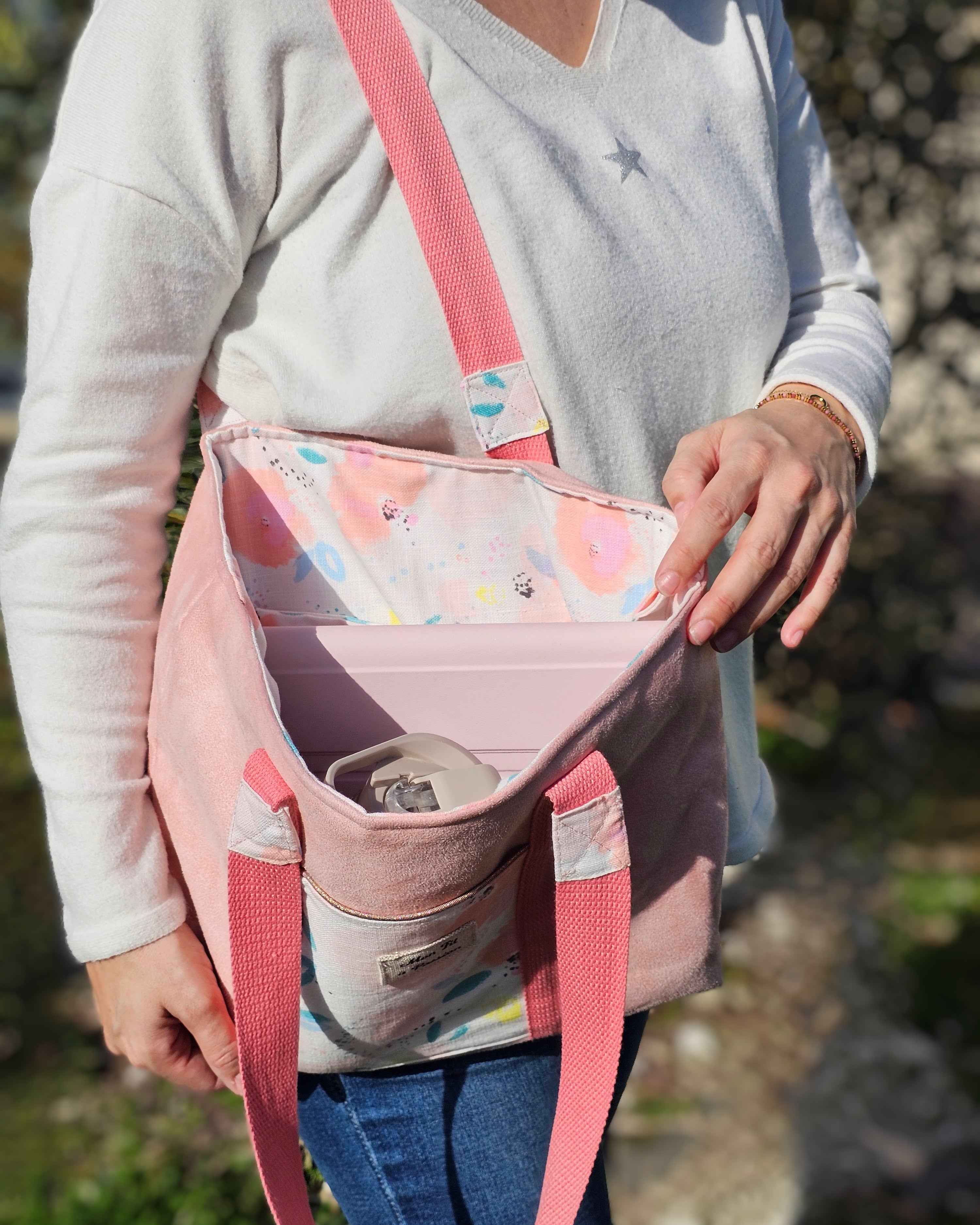 Cabas Suédine Rose & Fleurs Pastel – Pièce unique