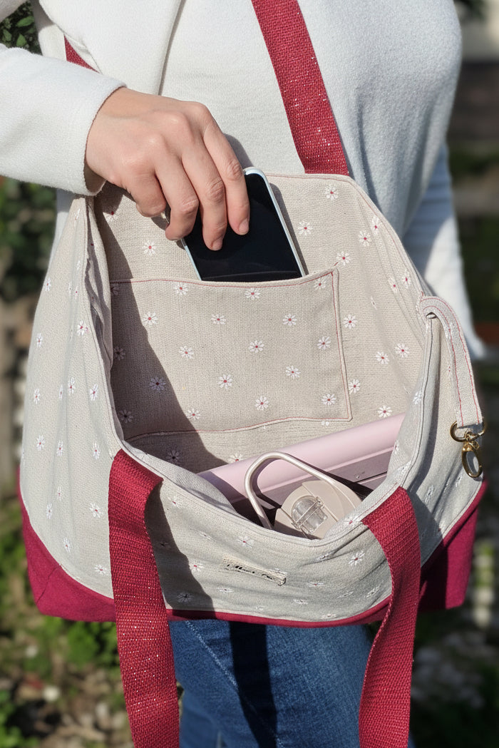 Cabas femme fait main grand format – pratique & organisé avec mousqueton – Mon Fil à Passion