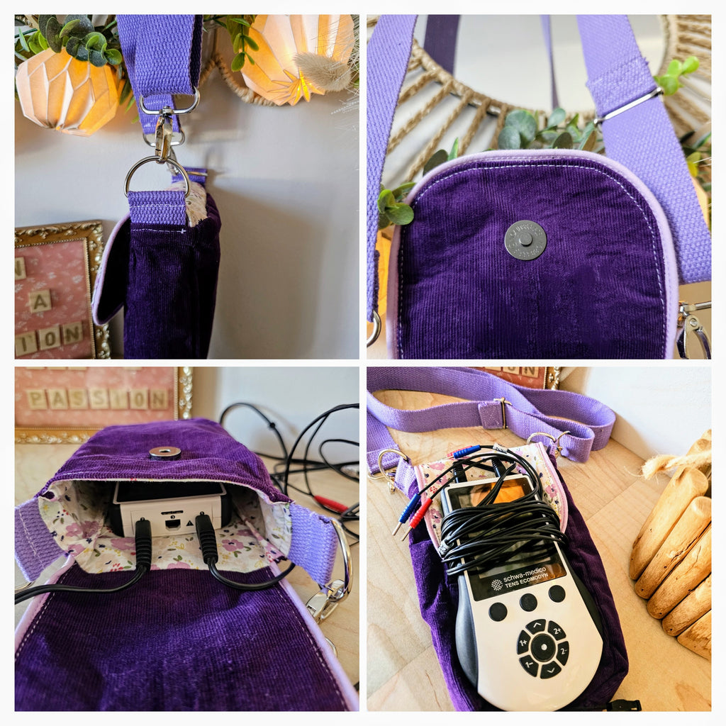 Différentes photos de la pochette de transport du tens ou d'un téléphone. Bandoulière réglable pour un confort optimal. Un rabat qui ferme avec un bouton pression. Création artisanale française par mon fil à passion 