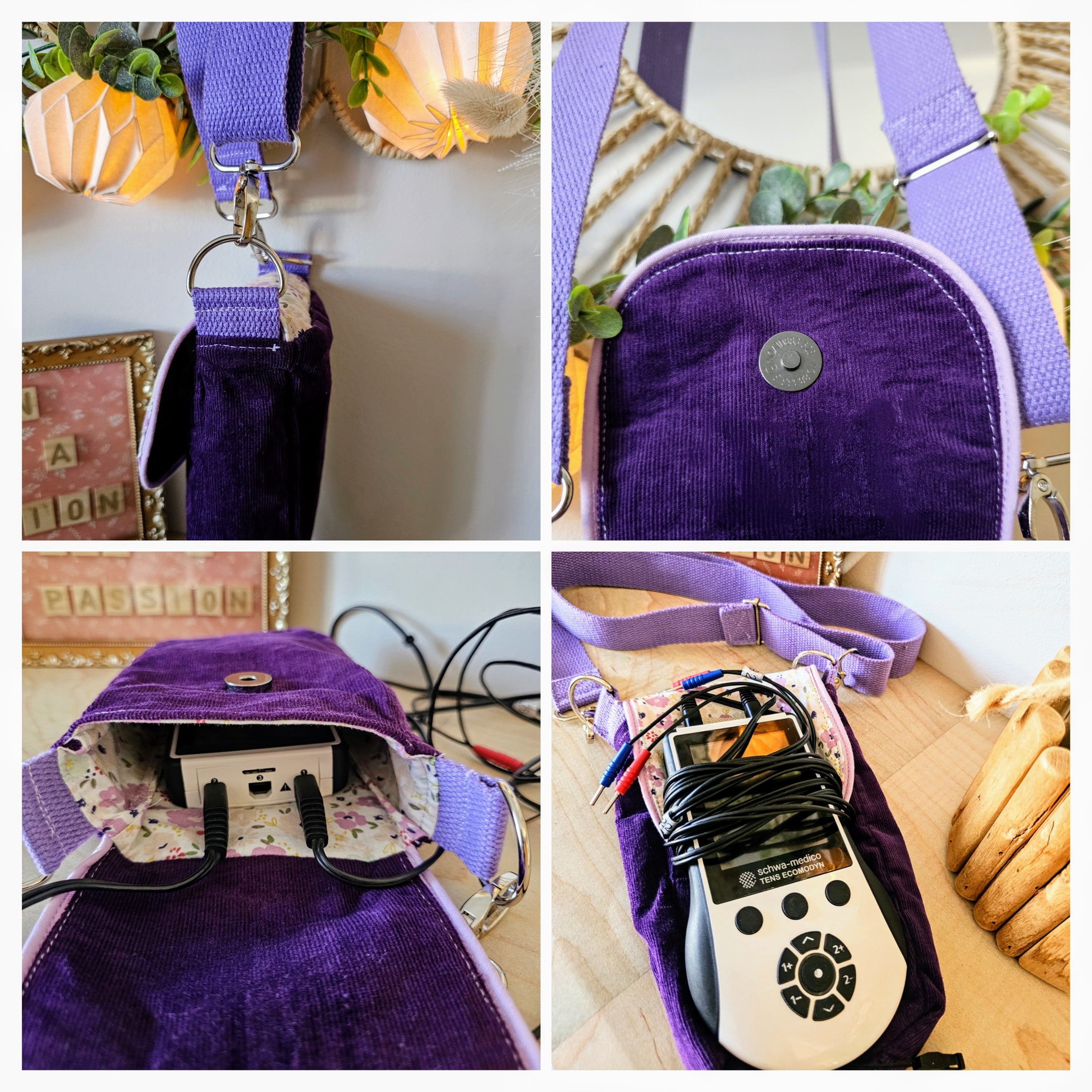 Différentes photos de la pochette de transport du tens ou d'un téléphone. Bandoulière réglable pour un confort optimal. Un rabat qui ferme avec un bouton pression. Création artisanale française par mon fil à passion 