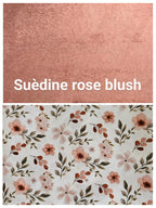Tissuthèque crée par mon fil à passion sac banane suédine rose et tissu coton Oeko-Tex floral dans les tons terracota rose sur fond blanc pour une création artisanale unique et française  