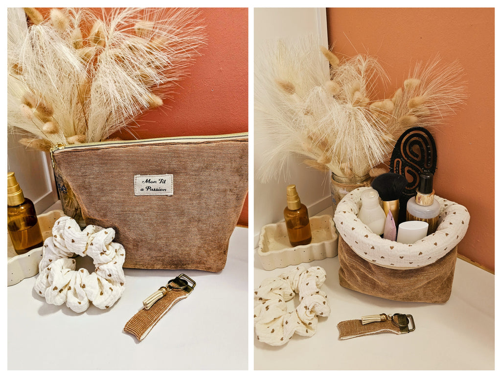 Pochette 2-en-1 en velours côtelé marron se transformant en panière de rangement. Accessoire artisanal Mon Fil à Passion idéal pour le bureau, le voyage ou comme trousse de toilette.