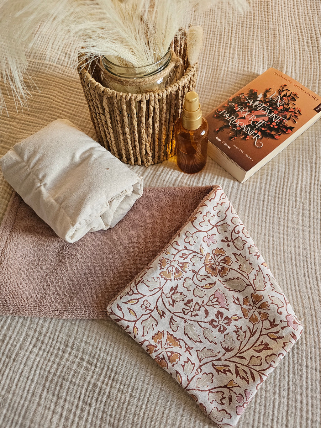 Bouillotte sèche déhoussable en graines de lin Mon Fil à Passion, face éponge de bambou et coton à motifs pour soulager les douleurs cervicales et lombaires apaiser le stress et se détendre 