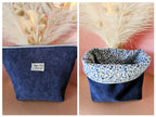 Pochette 2-en-1 en velours côtelé bleu marine et intérieure coton petites fleurs se transformant en panière de rangement. Accessoire artisanal Mon Fil à Passion idéal pour le bureau, le voyage ou comme trousse de toilette.