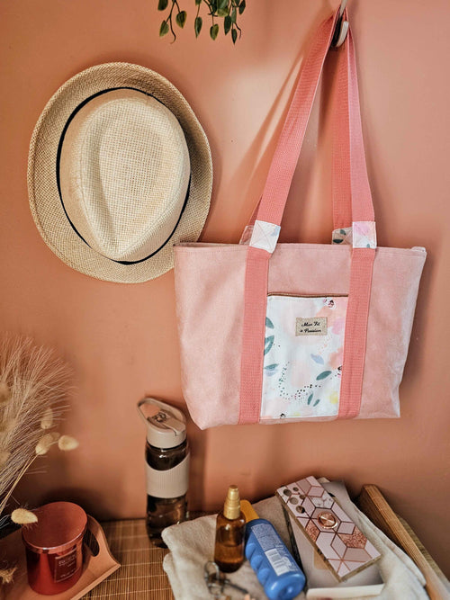Cabas Suédine Rose & Fleurs Pastel – Pièce unique