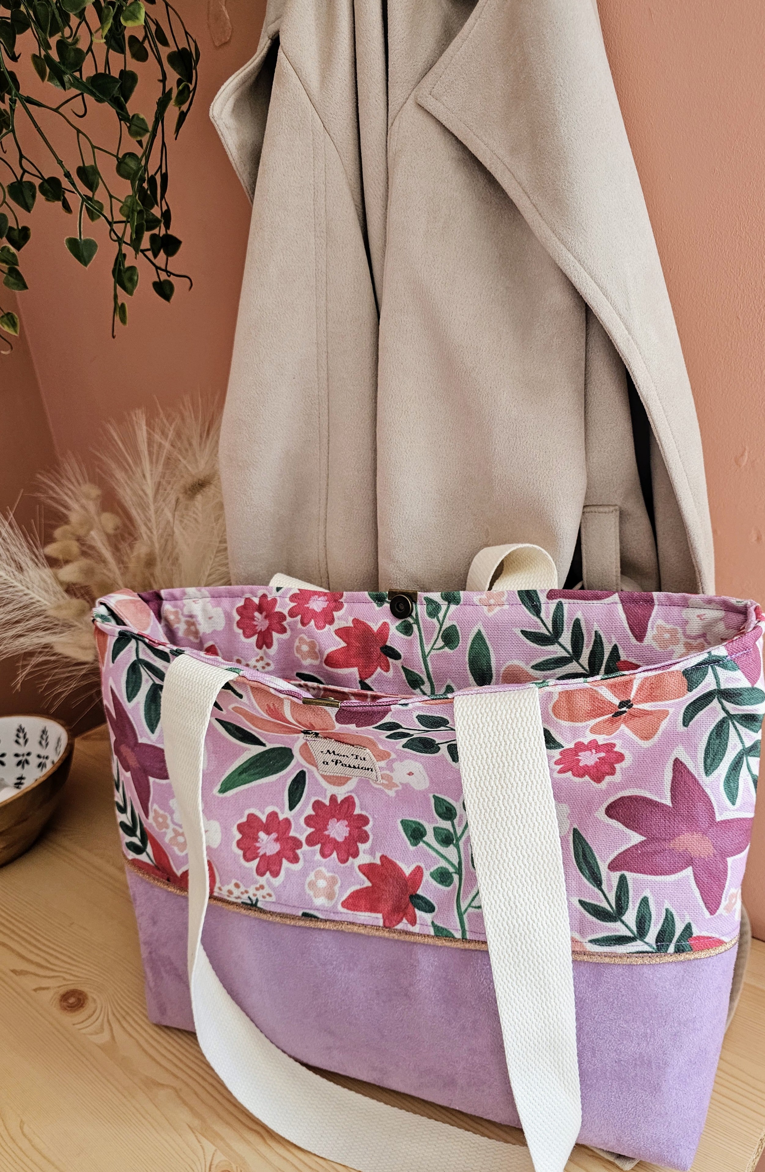 Cabas femme fait main grand format – pratique & organisé avec mousqueton – Mon Fil à Passion