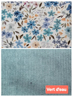 Tissuthèque crée par mon fil à passion sac banane velours couleur vert d'eau et tissu coton Oeko-Tex lfloral dans les tons bleu et vert pour une création artisanale unique et française 