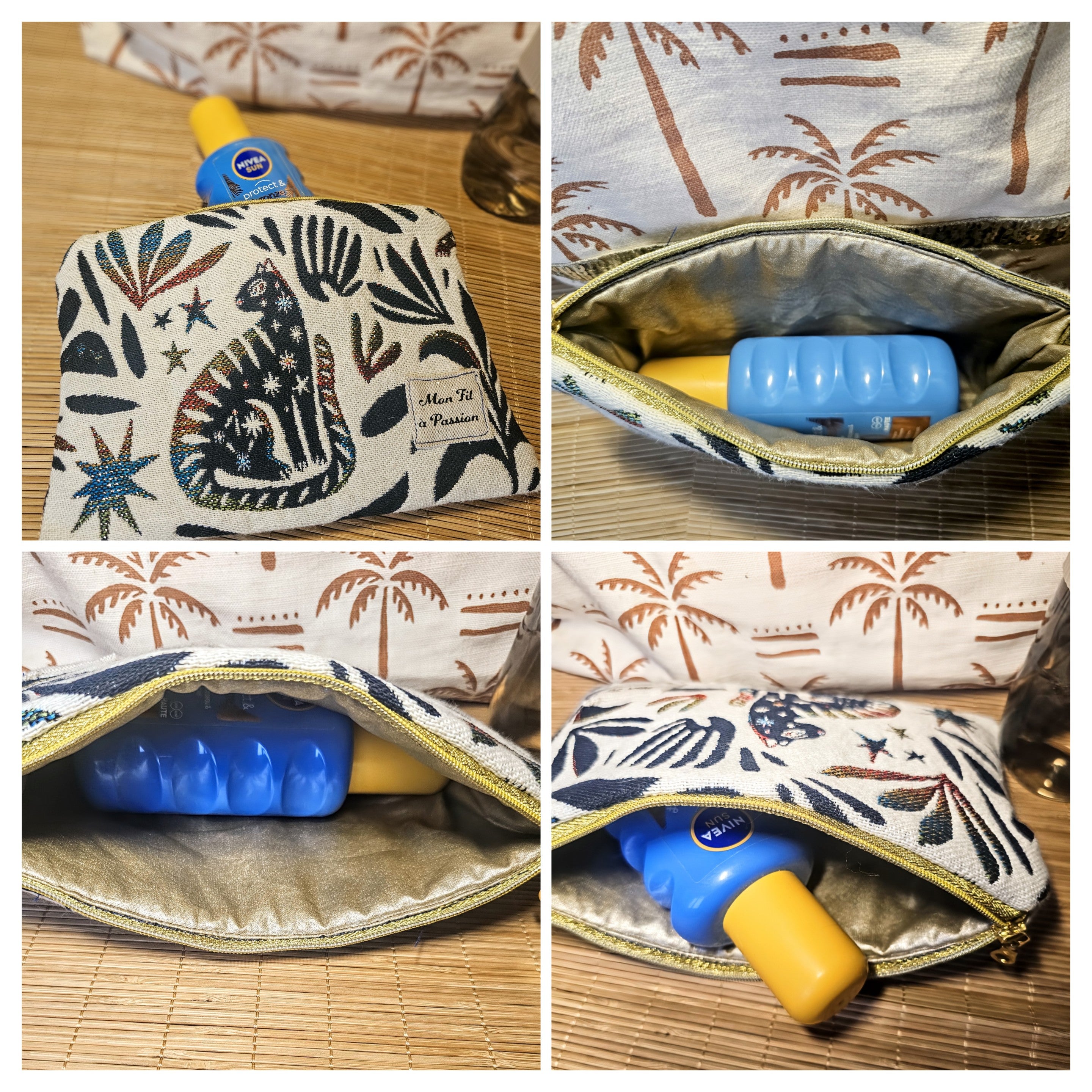 Trousse isotherme contenant une crème solaire posée sur un meuble. Montre les differents angle de l'intérieur de la pochette fait main par la créatrice de Mon fil à passion 