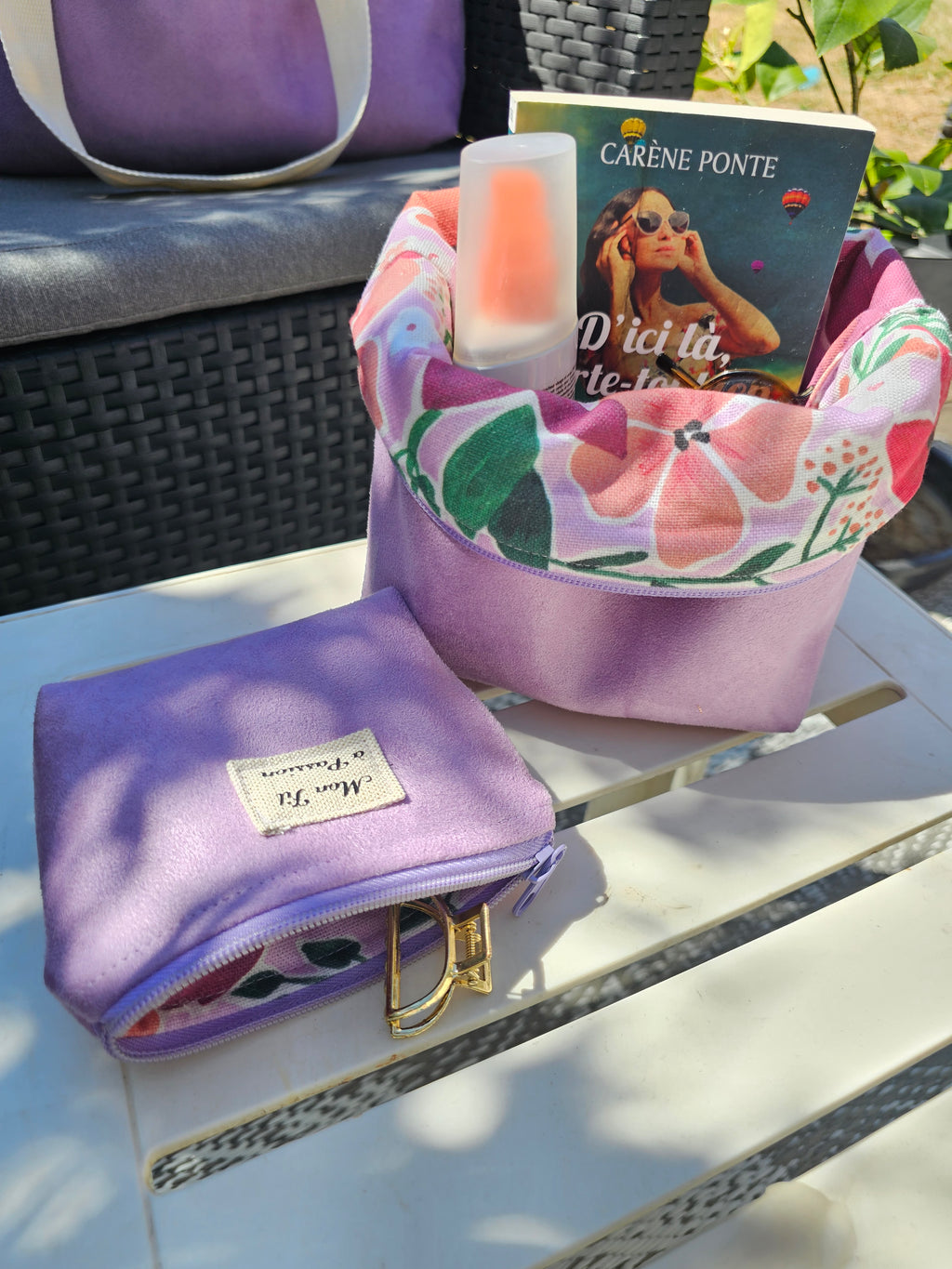 Duo Pochette astucieuse & petite pochette Suédine Lilas – Pièce unique