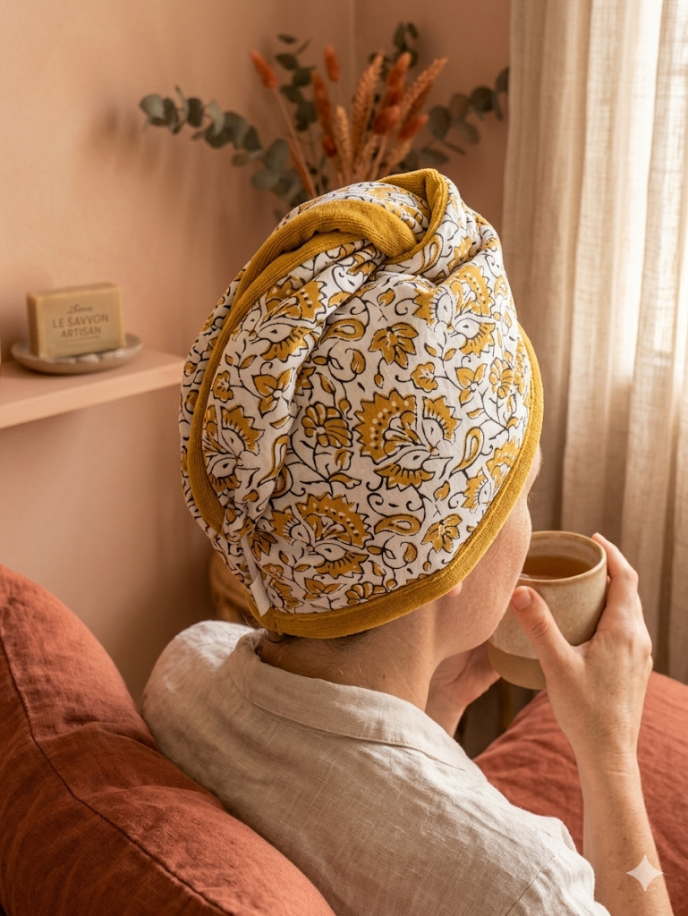 Serviette cheveux en bambou – turban séchage rapide doux & absorbant – fait main France | Mon Fil à Passion