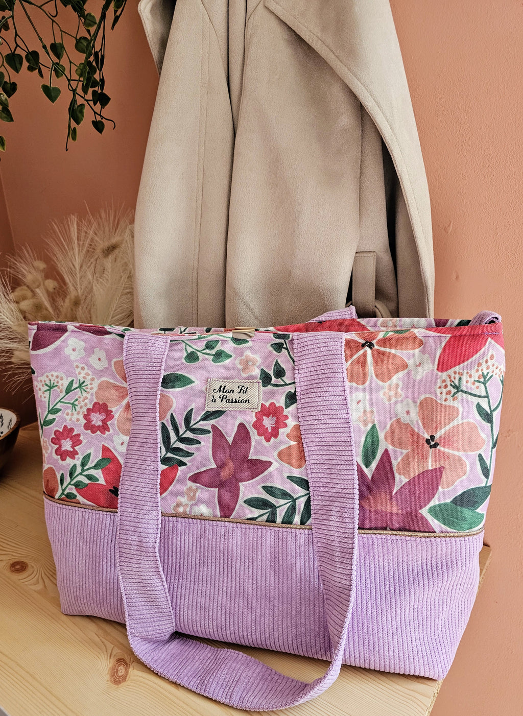 Cabas femme fait main grand format – pratique & organisé avec mousqueton – Mon Fil à Passion